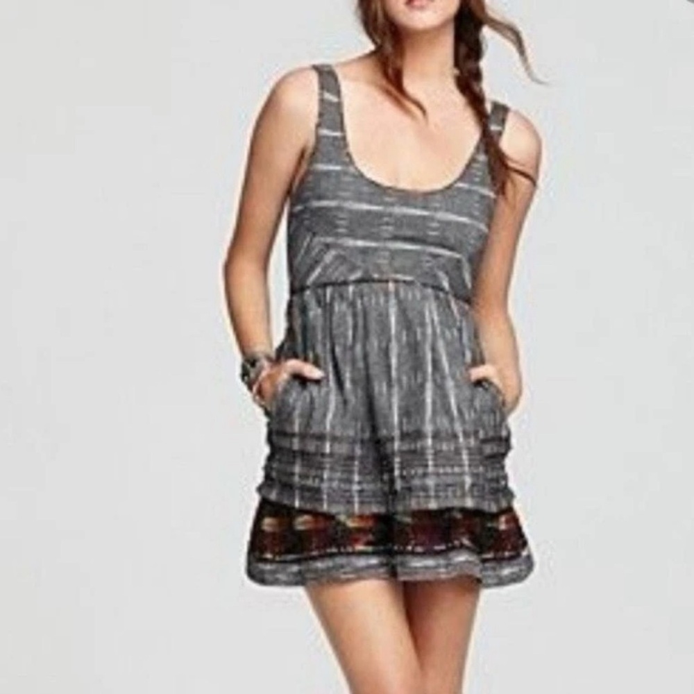 Free People Gray Striped Mini Dress with Multicolor Border
